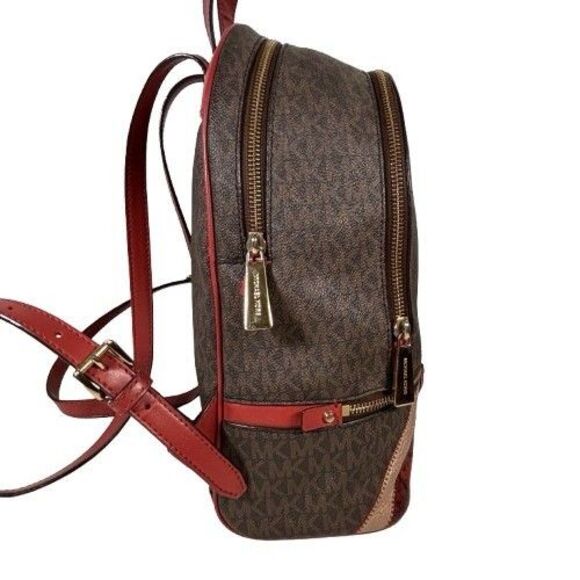Rare Michael Kors Rhea Zip Backpack Signature Logo Red Snakeskin Suede Stripe - Picture 5 of 16